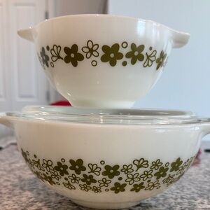 Pyrex White and Green Floral Bowls